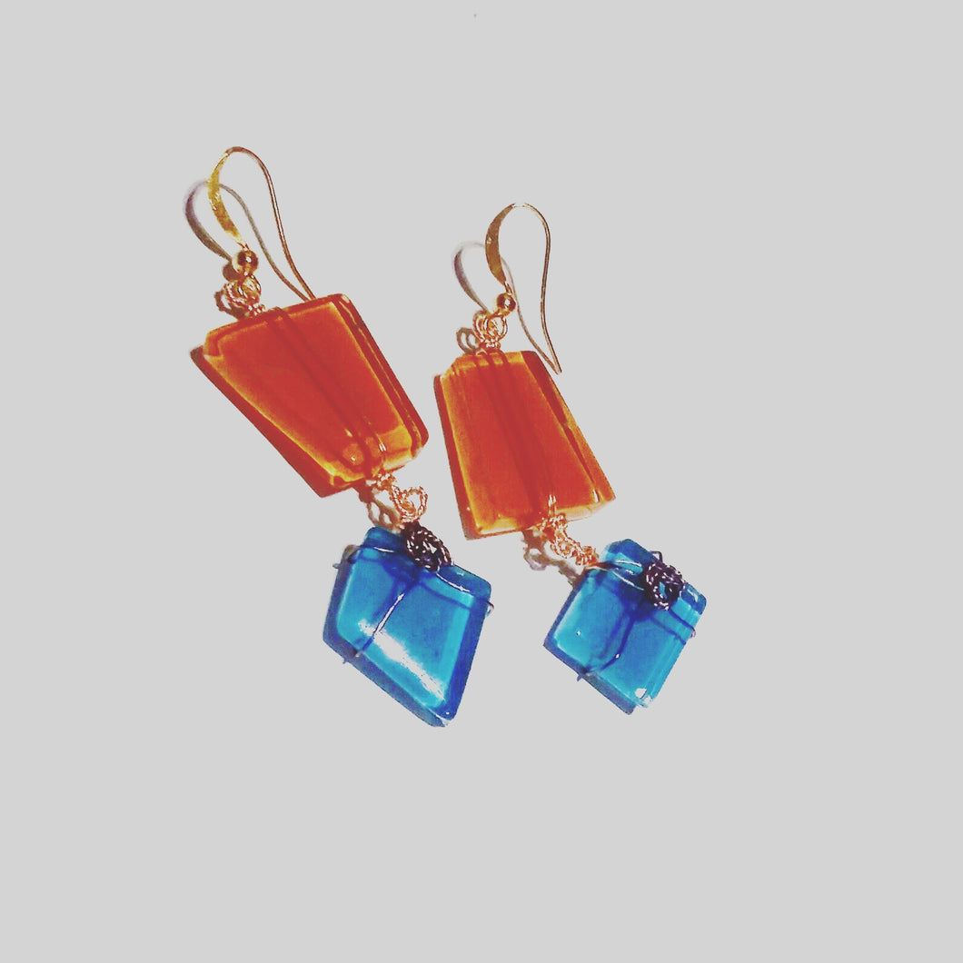 Glass Dangle Earrings (Apricot & Sky) “DECADE