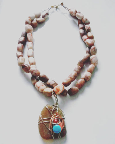 Double-Strand Pendant Necklace (Jasper & Sea Glass) 
