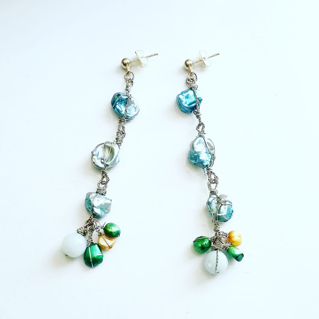 Long Freshwater Pearl Earrings (Powder Blue & Mint Green) 